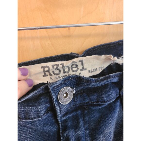 R3bel Jeans Sz 36 Embroidered Inseam 35 Dark Wash Faded Distressed Spellout - Picture 4 of 5